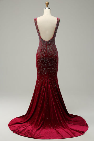 Mermaid Deep V Neck Burgundy Long Ball Dress with Beading